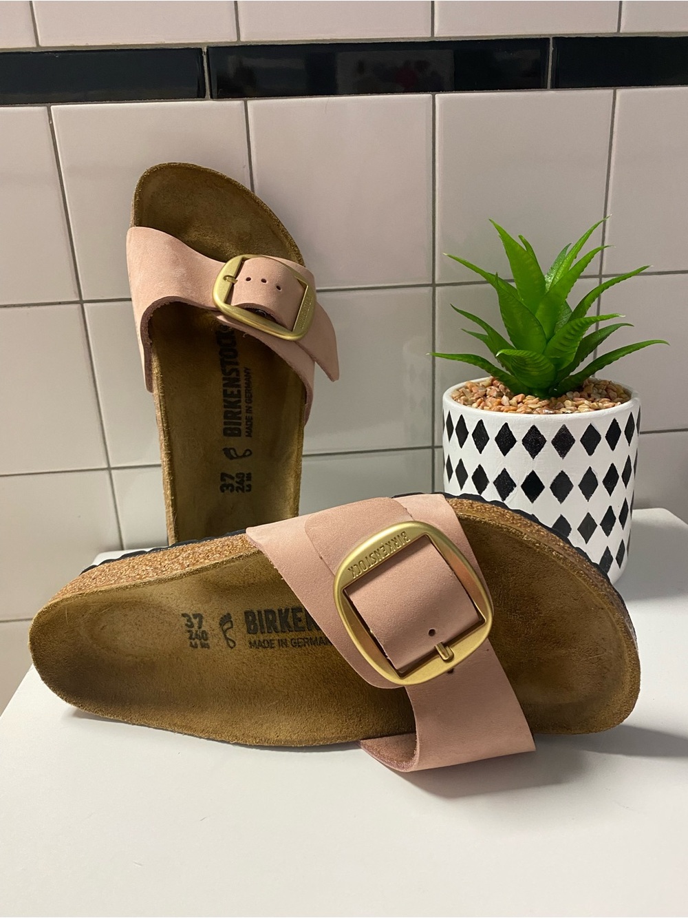 Birkenstock Madrid Big Buckle Slide Sandals in Blush Pink Suede - Picture 2 of 5
